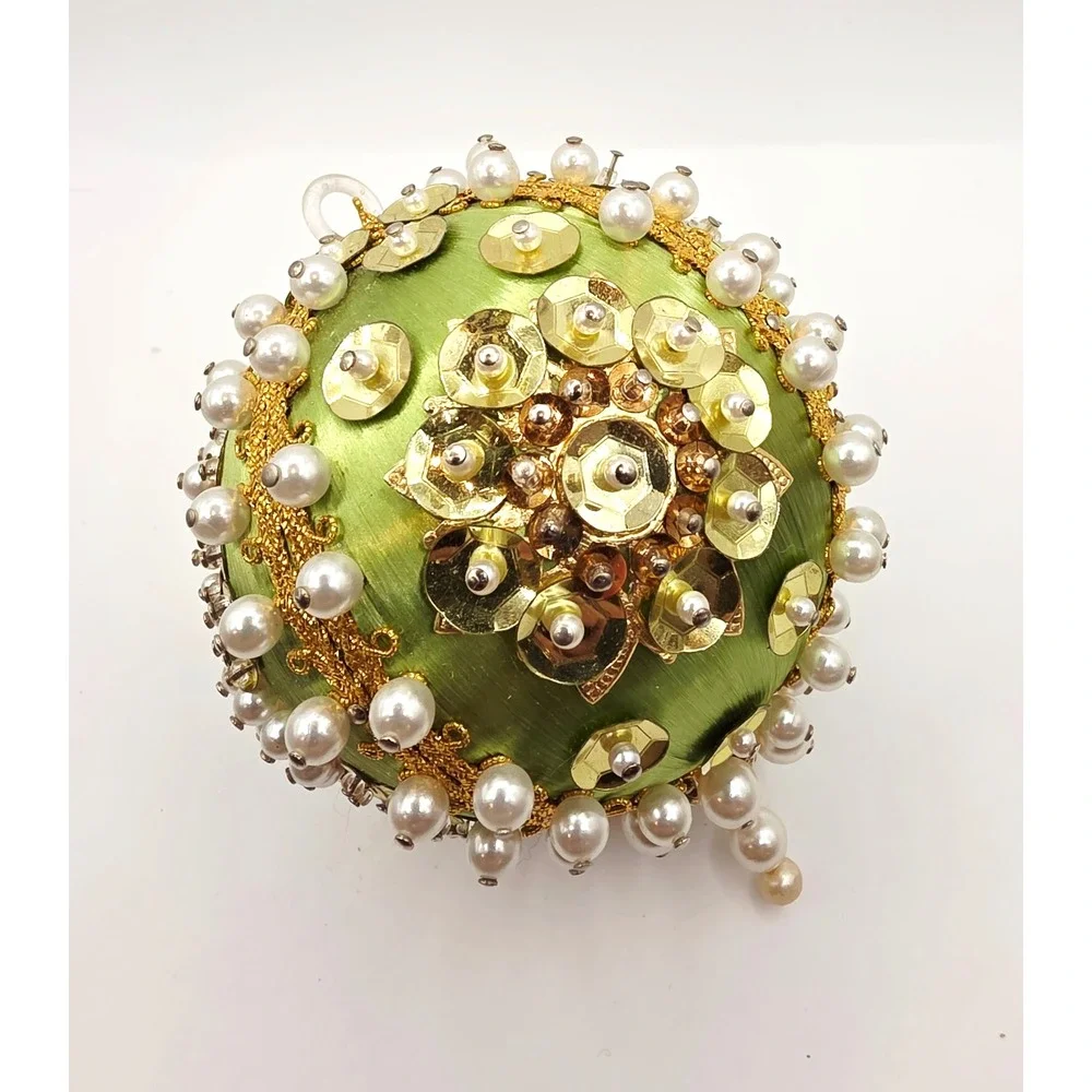 Vintage Sequin Beaded Push-Pin Christmas Ornament Round Green Gold Sparkle 3.5